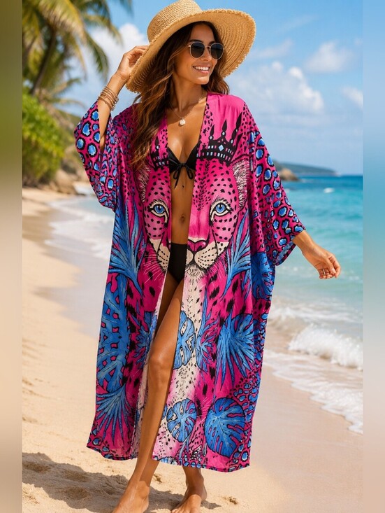 Other - 🌴🐆 Vibrant Pink Leopard Queen Tropical Kimono Cover Up | One Size